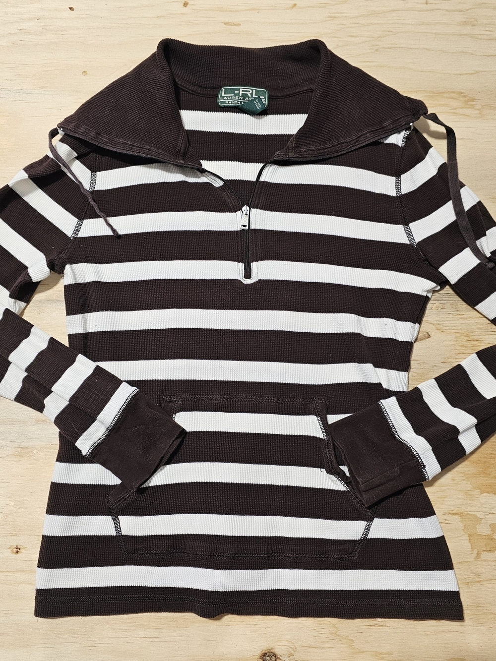 Y2k LRL Long Sleeve Sz L Lauren Ralph Lauren Brown Striped Henley Zip Turtleneck